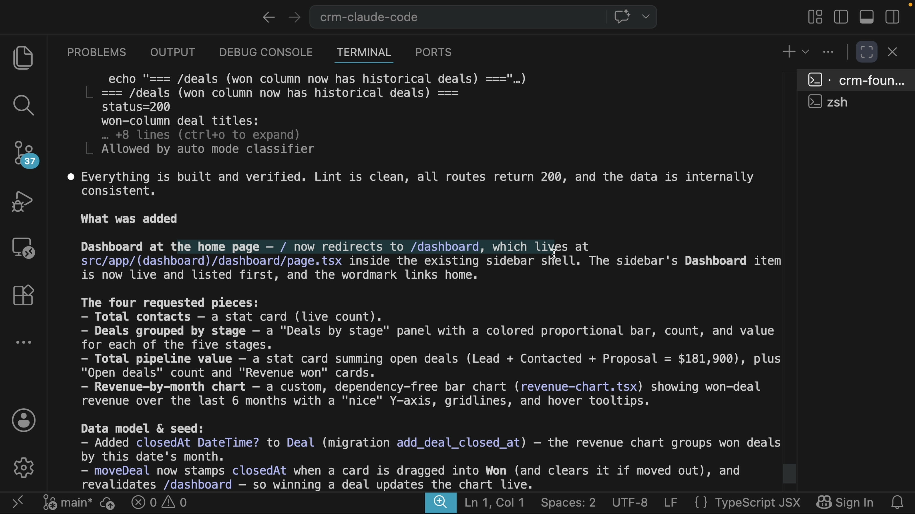 Claude Code summary confirming the build is complete and all routes return 200