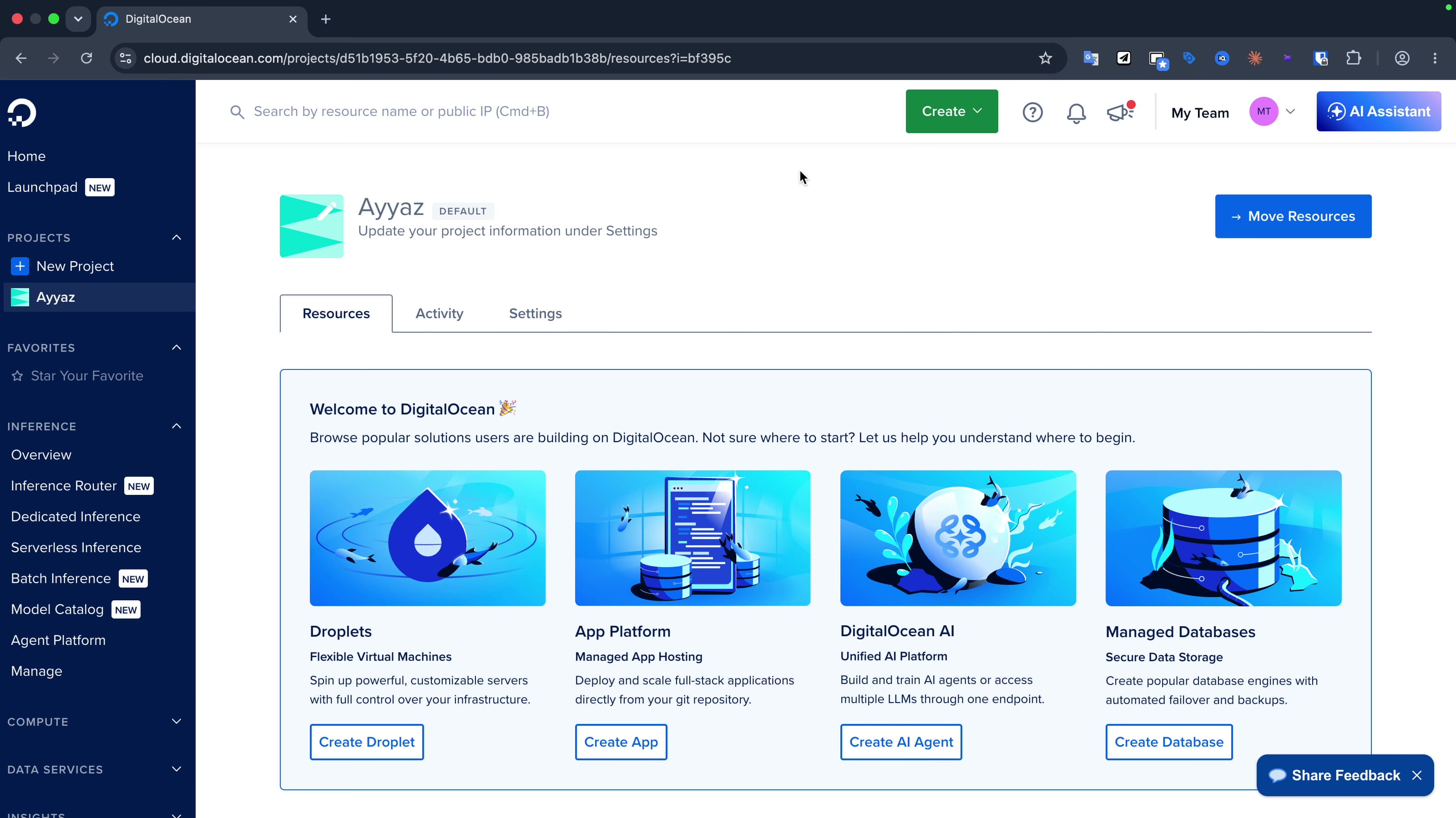 DigitalOcean console showing the Create Droplet option