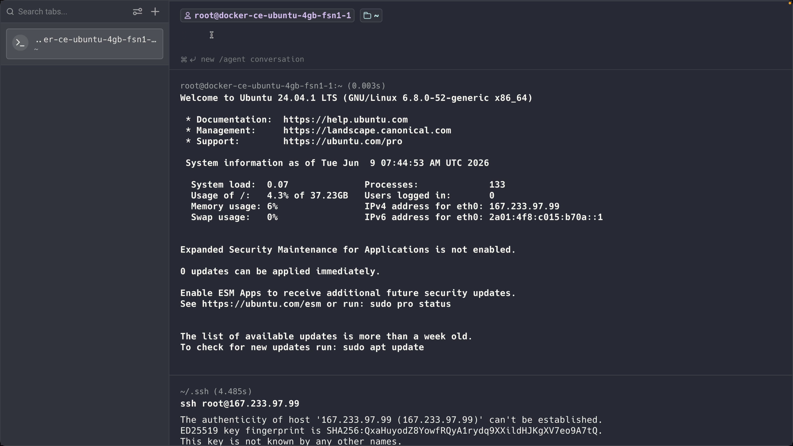 Terminal showing the Ubuntu 24.04 welcome message after SSH-ing into the Hetzner server as root