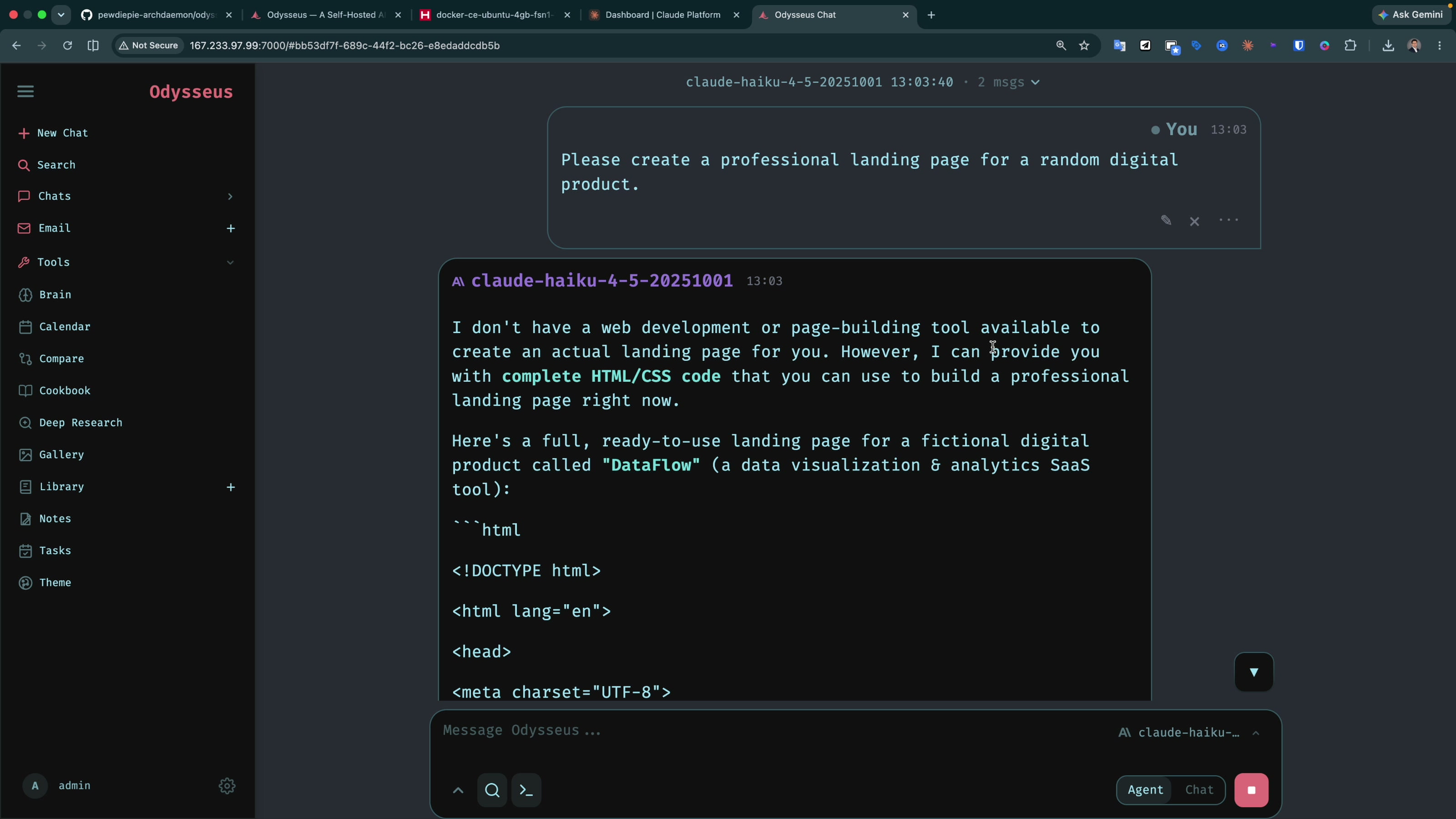 Odysseus in agent mode with Haiku 4.5 replying that it has no web development tool available