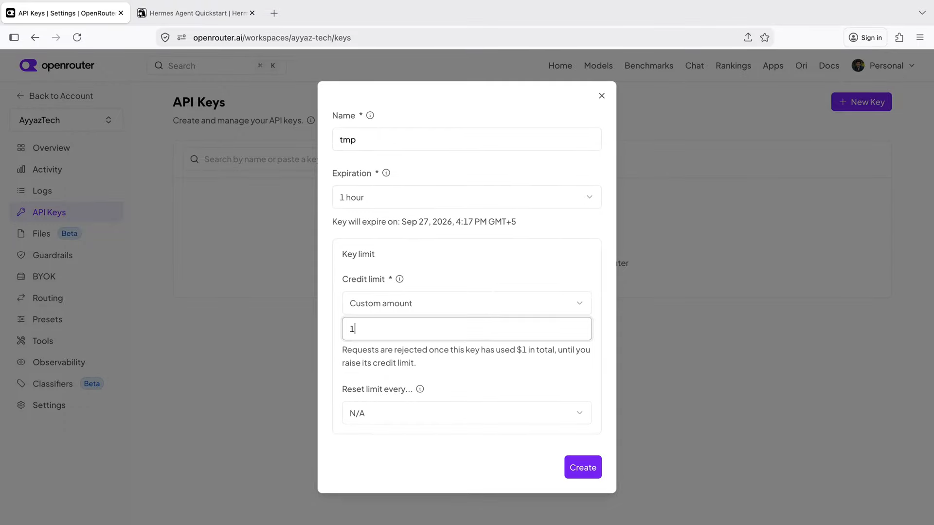 OpenRouter create API key form with a name, 1 hour expiration and a 1 dollar credit limit
