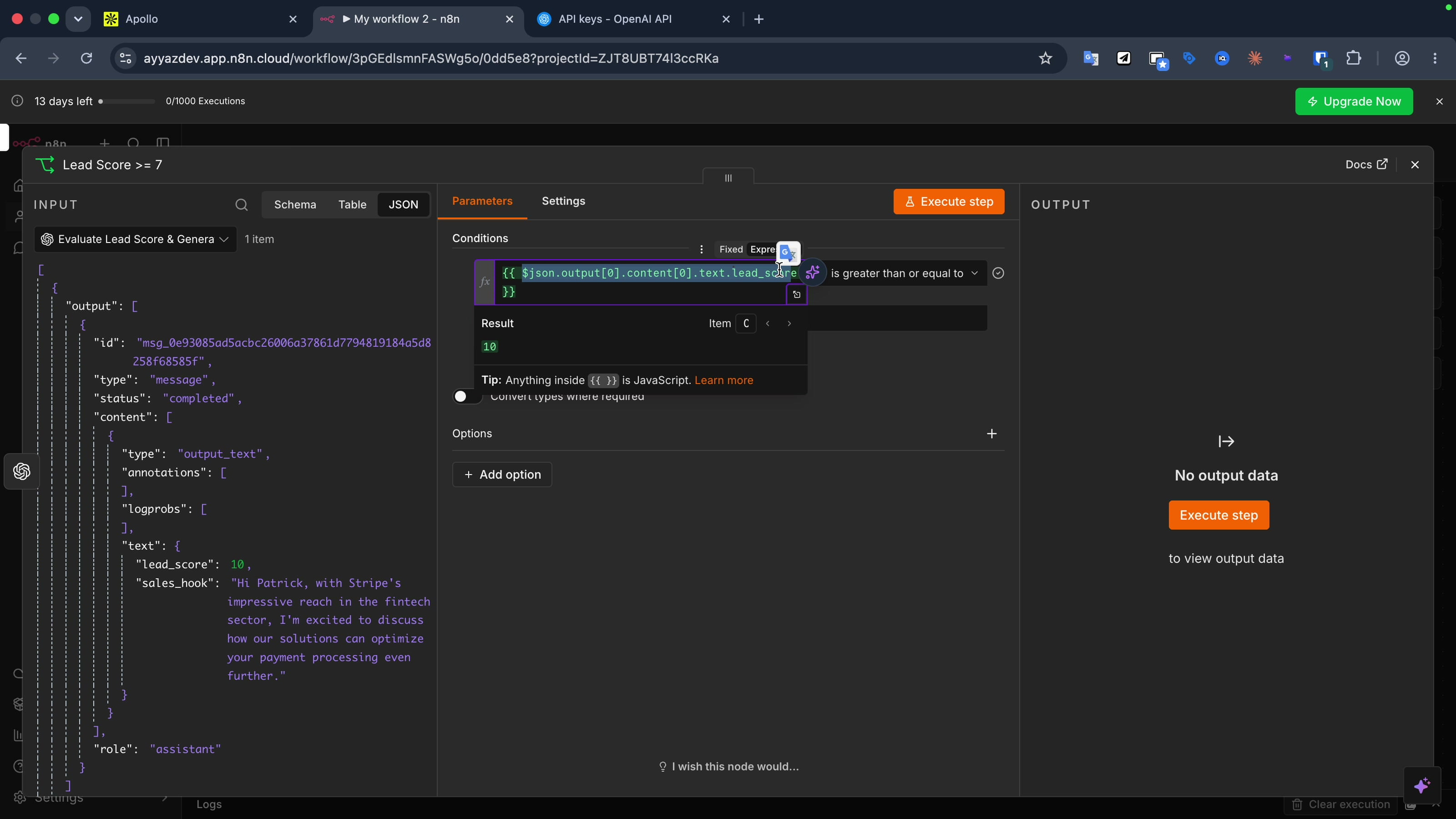 n8n If node using the full nested JSON path to read lead_score, evaluating to 10