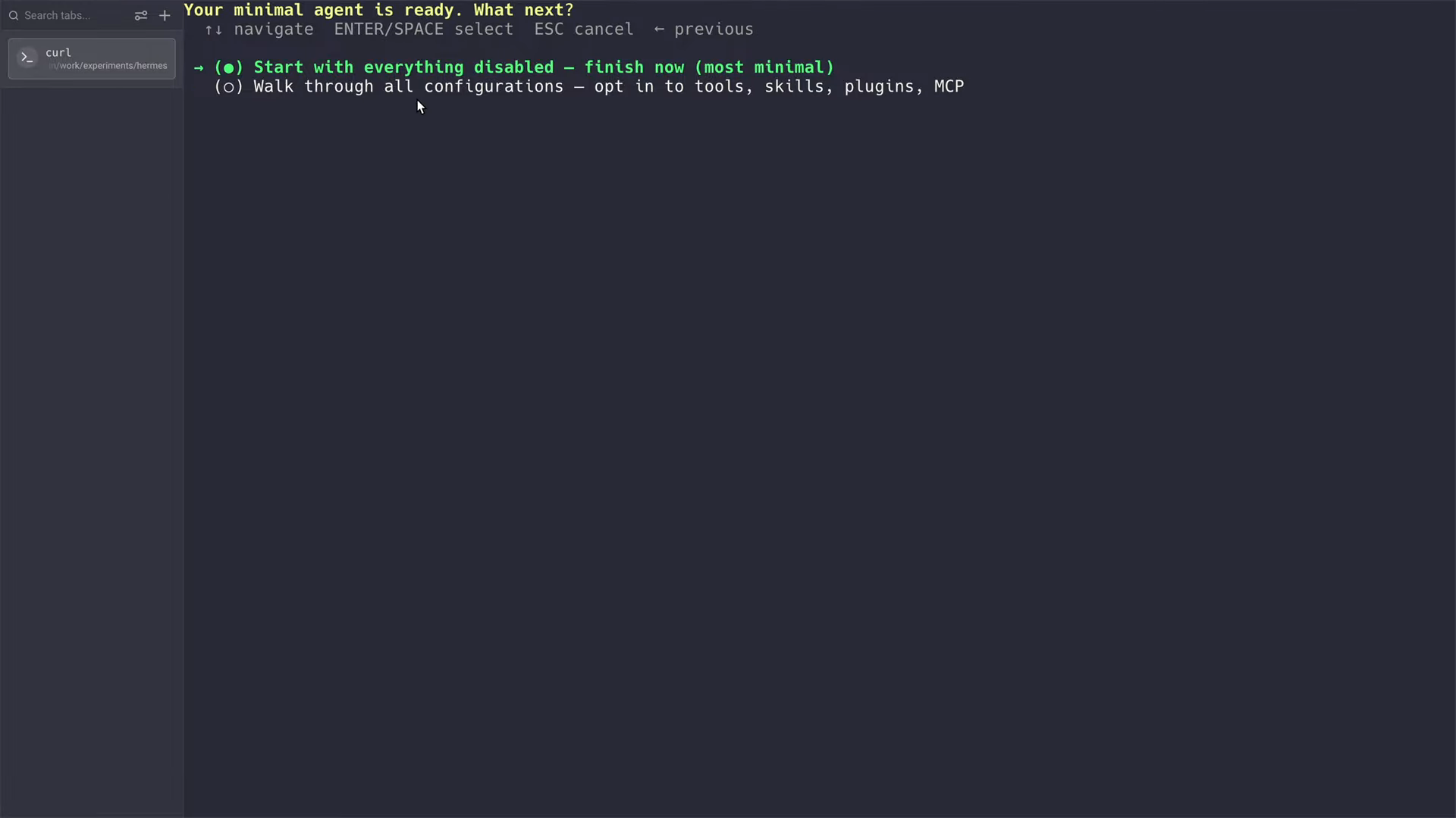 Hermes Agent prompt saying the minimal agent is ready, with options to start with everything disabled or walk through all configurations