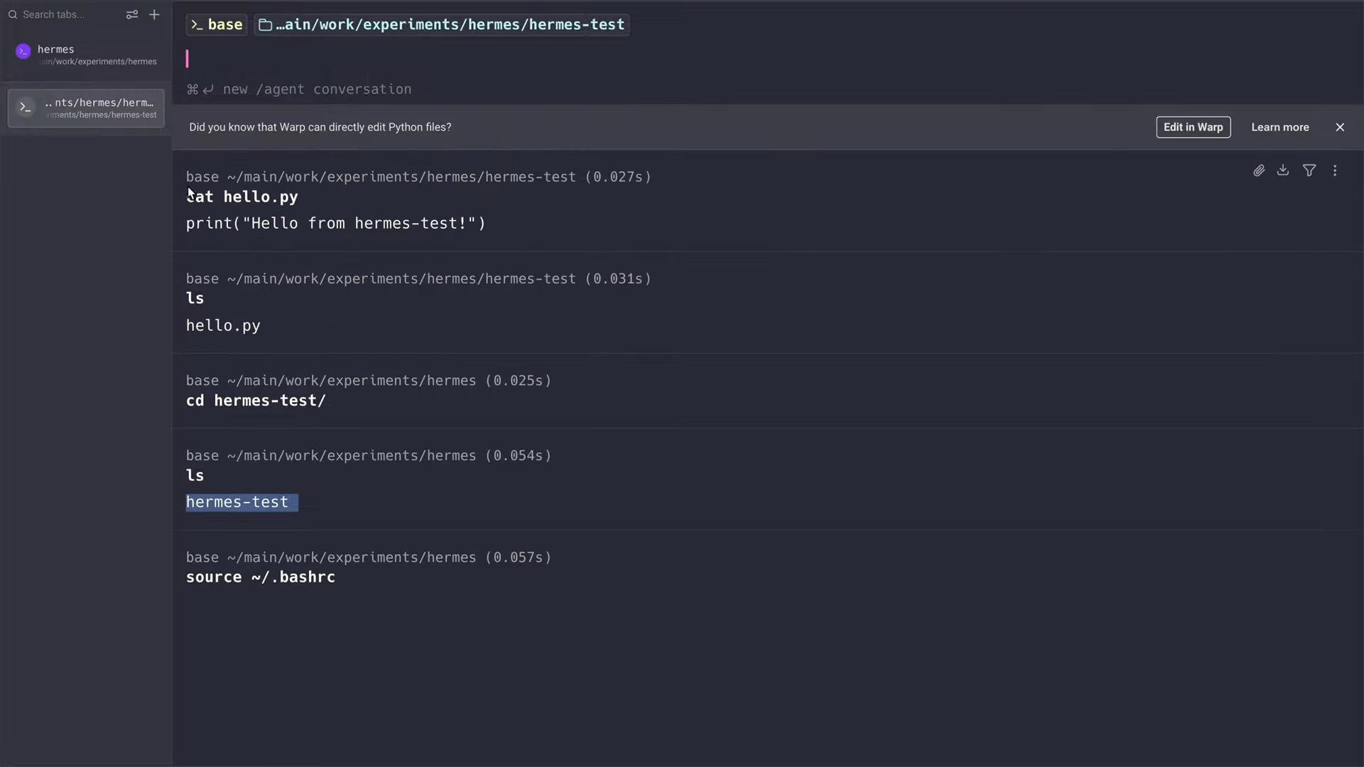 Terminal showing the hermes-test folder and the contents of hello.py printed with cat