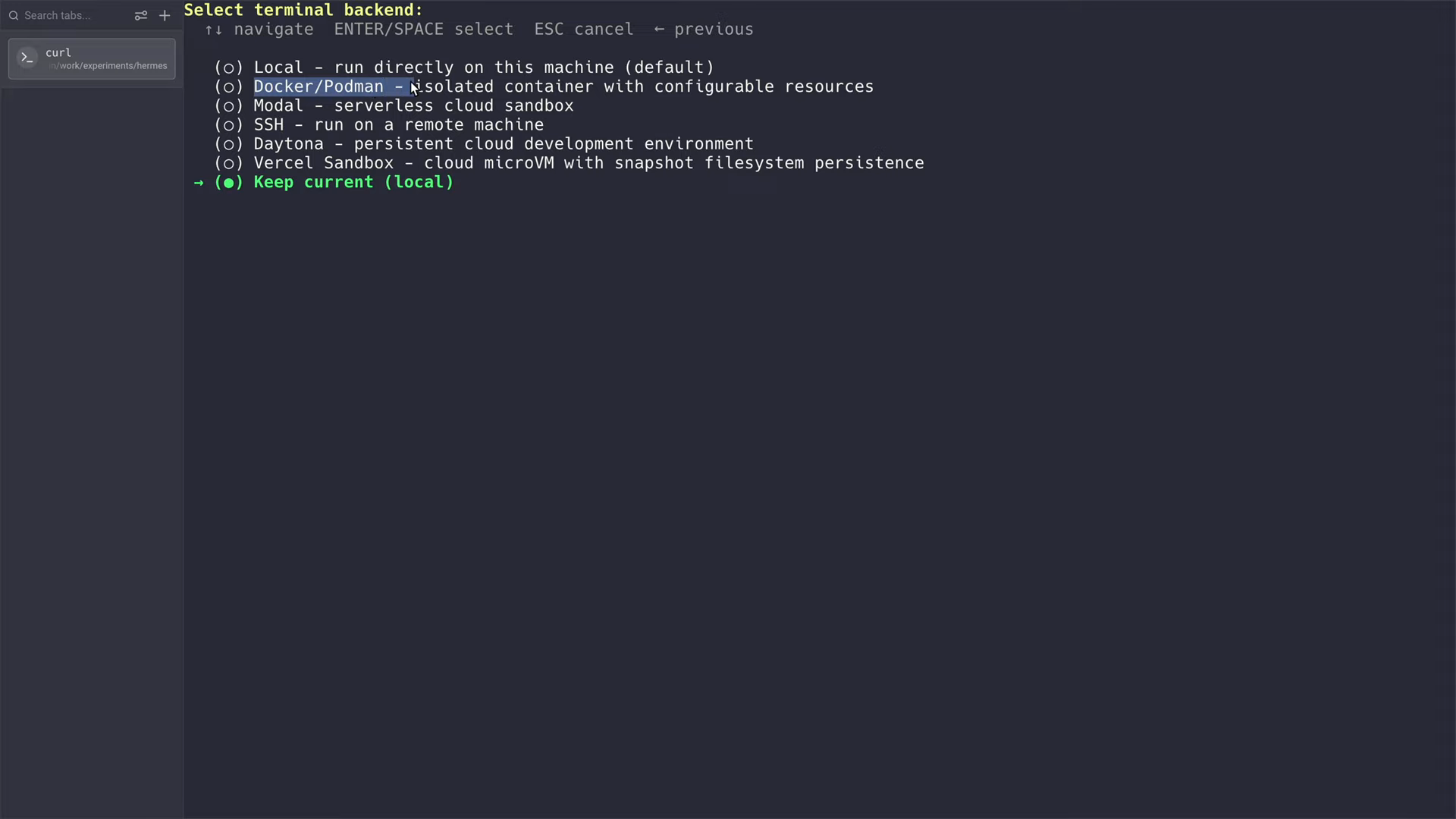 Hermes Agent terminal backend options: local or Docker/Podman