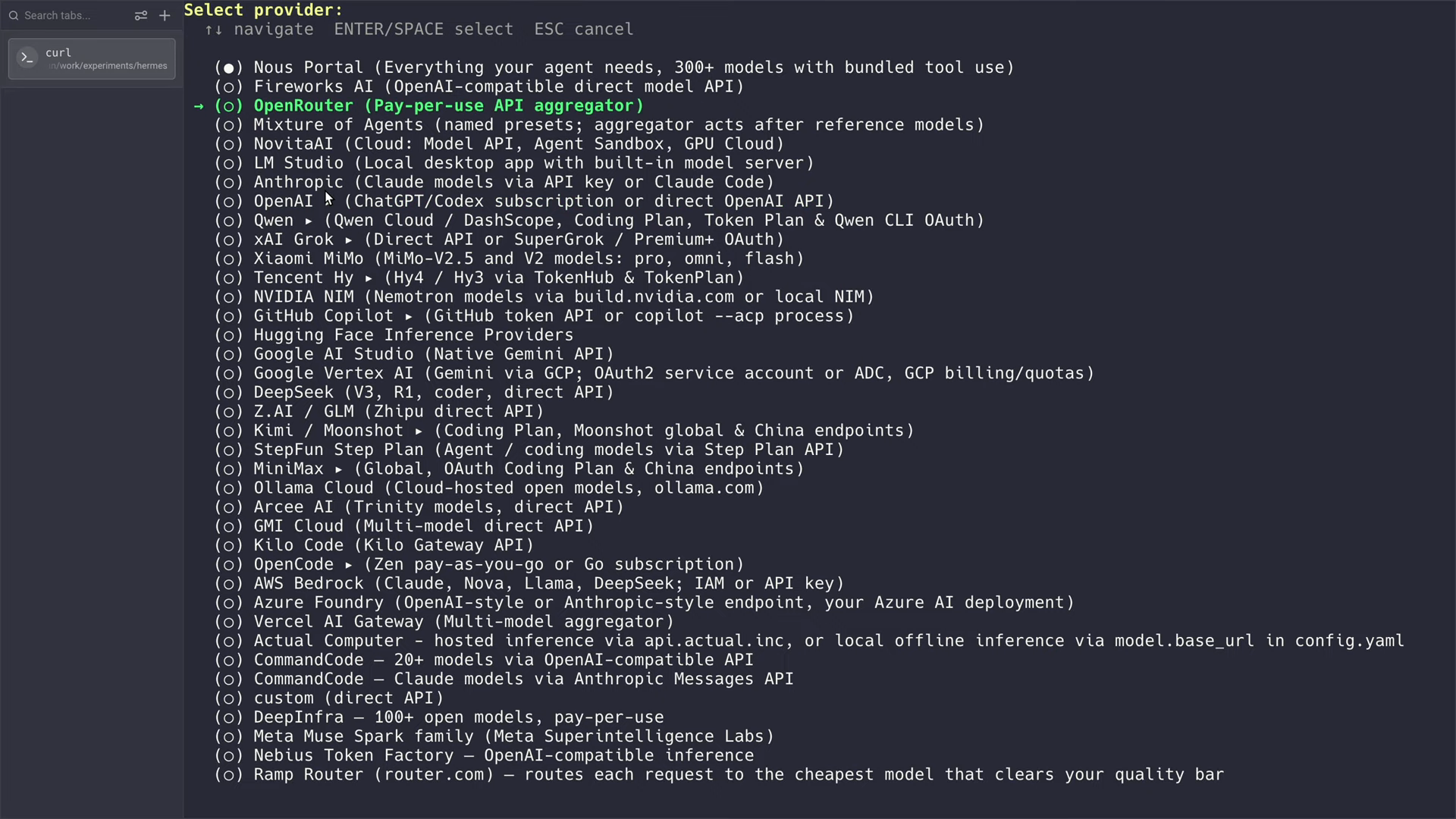 Hermes Agent provider list in the terminal with OpenRouter highlighted