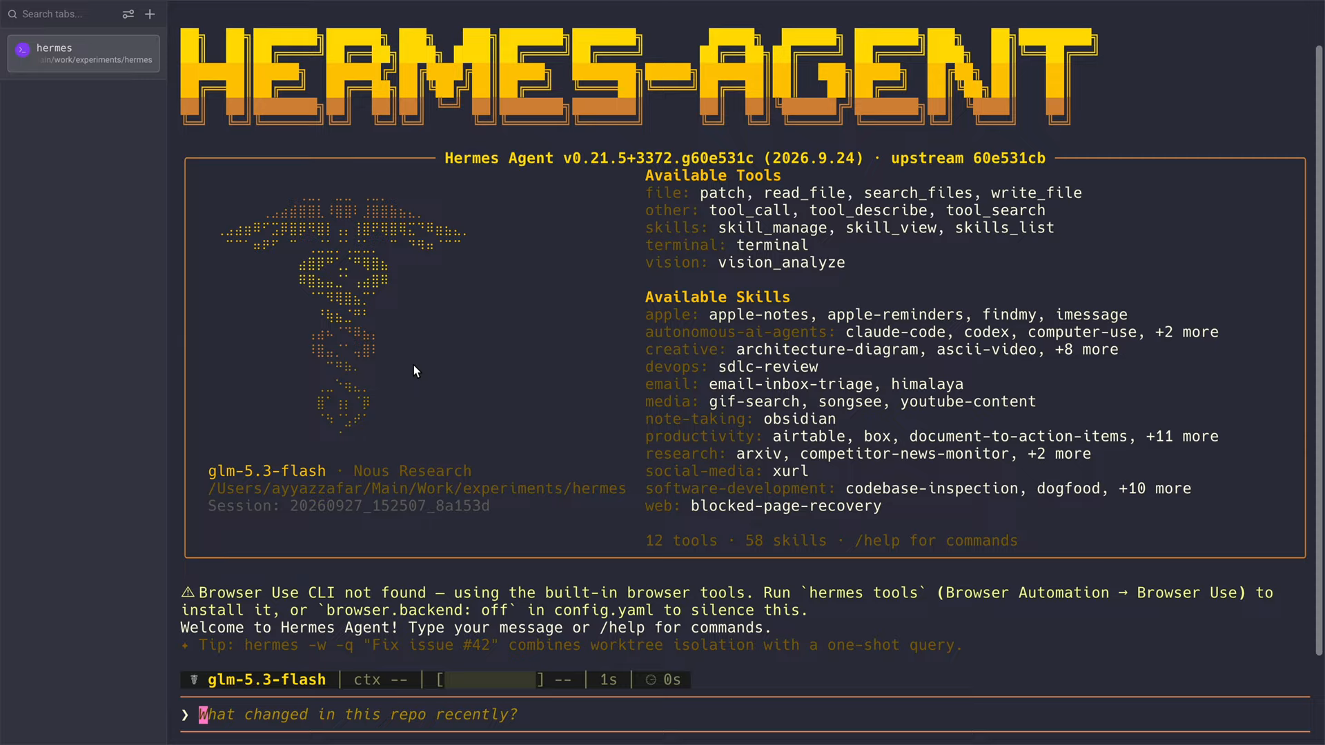 Hermes Agent running in the terminal with its banner, the glm-5.3-flash model and a list of available tools and skills