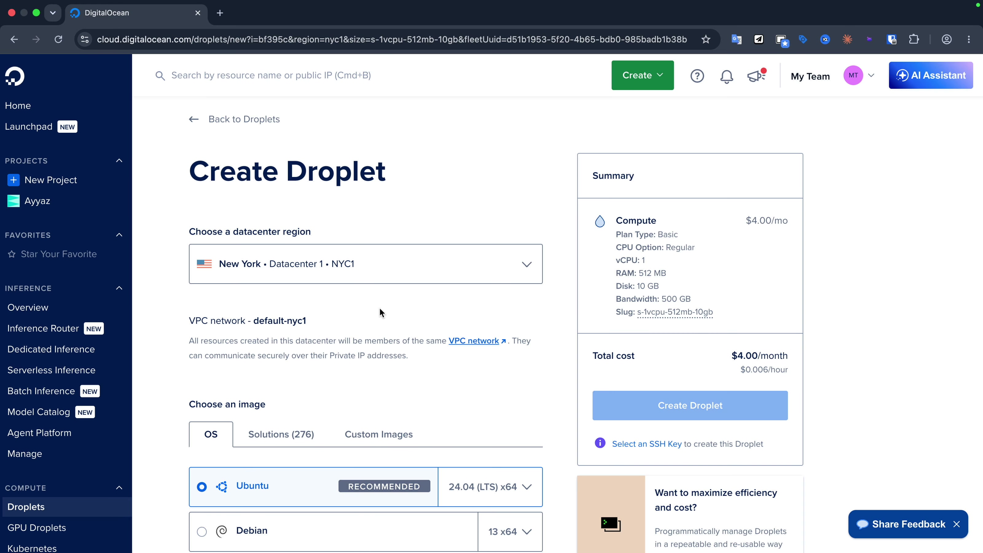DigitalOcean Create Droplet form with Ubuntu 24.04 selected and the basic plan visible