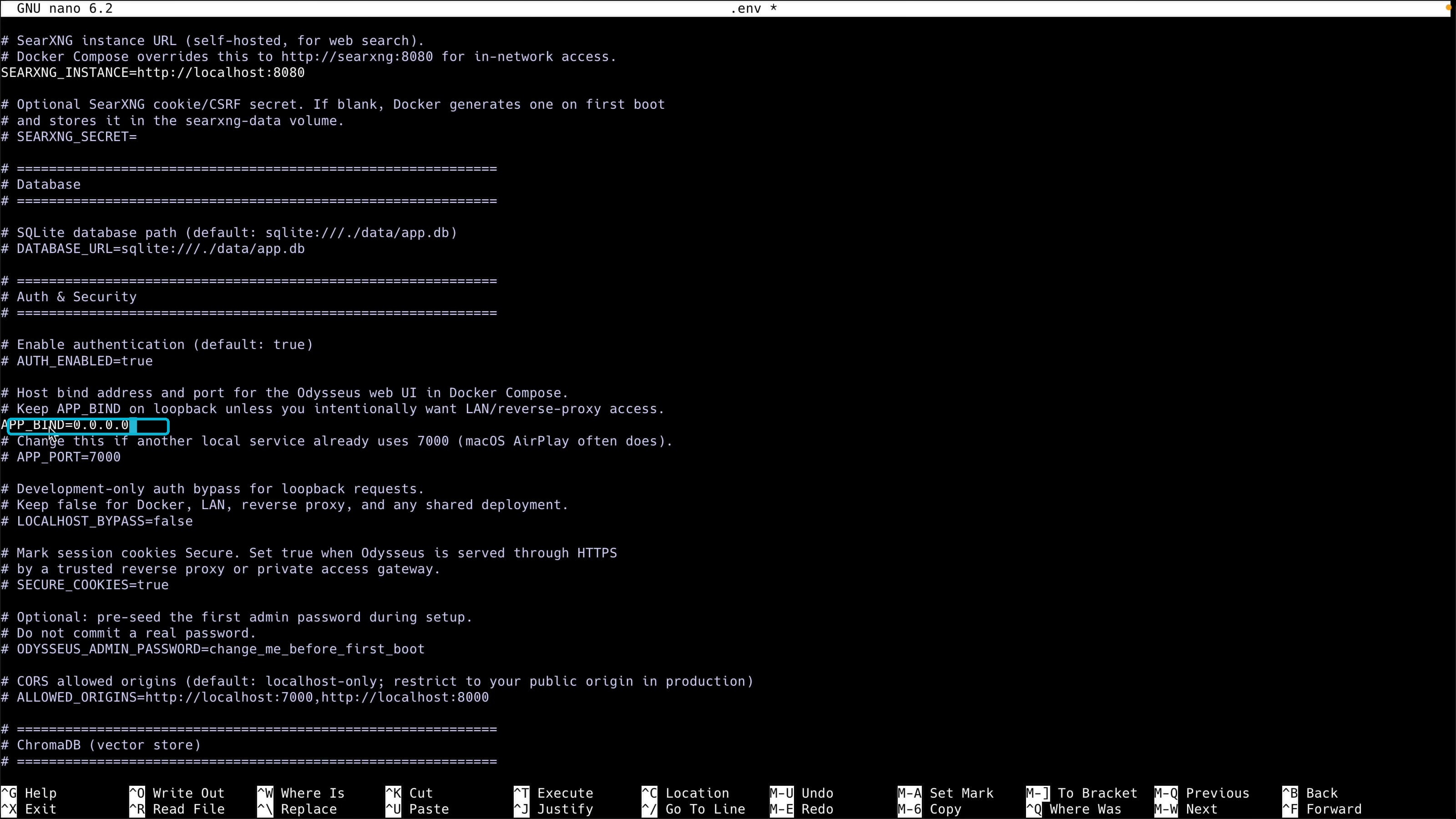 Editing the .env file to set APP_BIND to 0.0.0.0