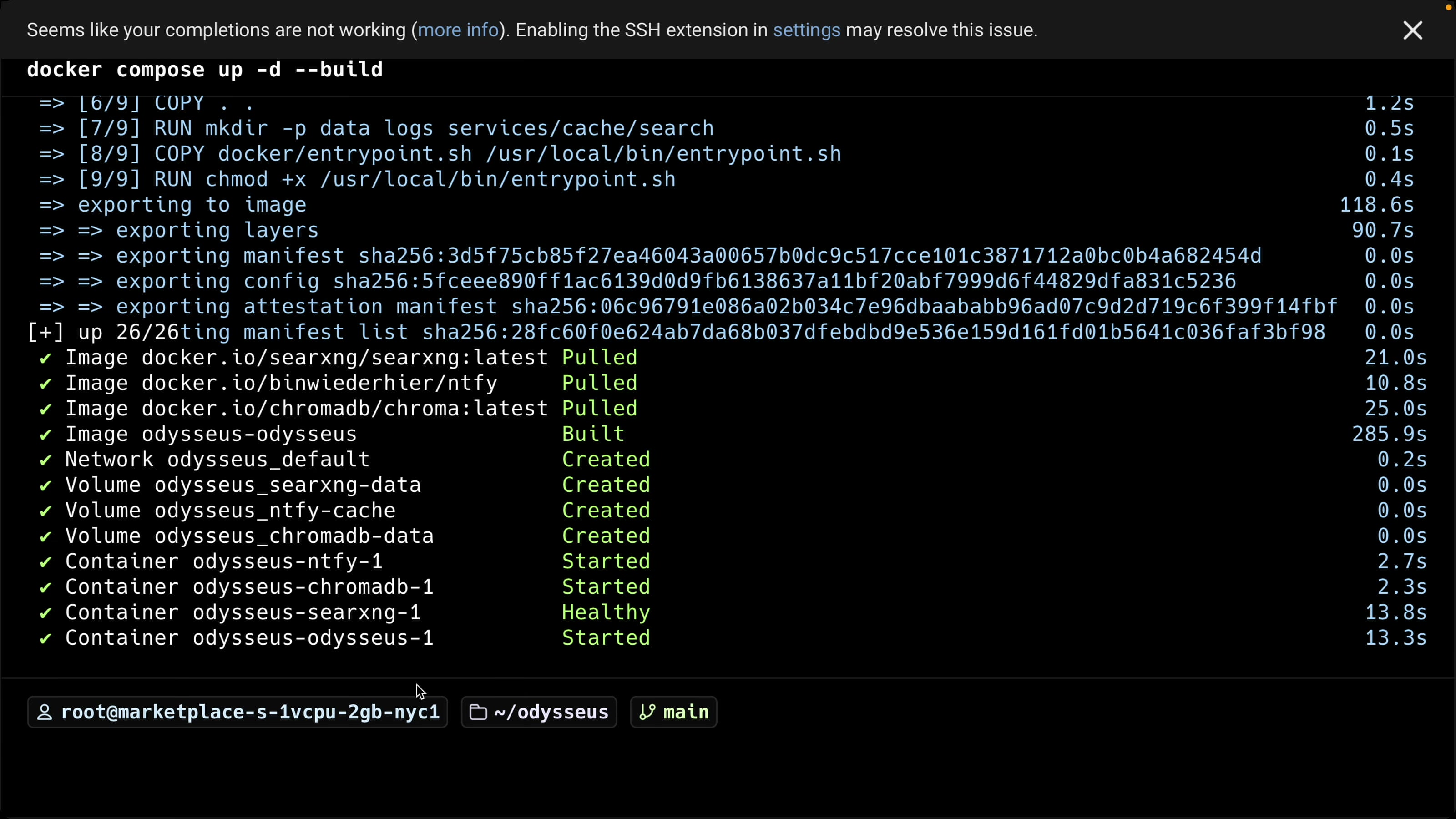 Docker building and starting Odysseus on the server