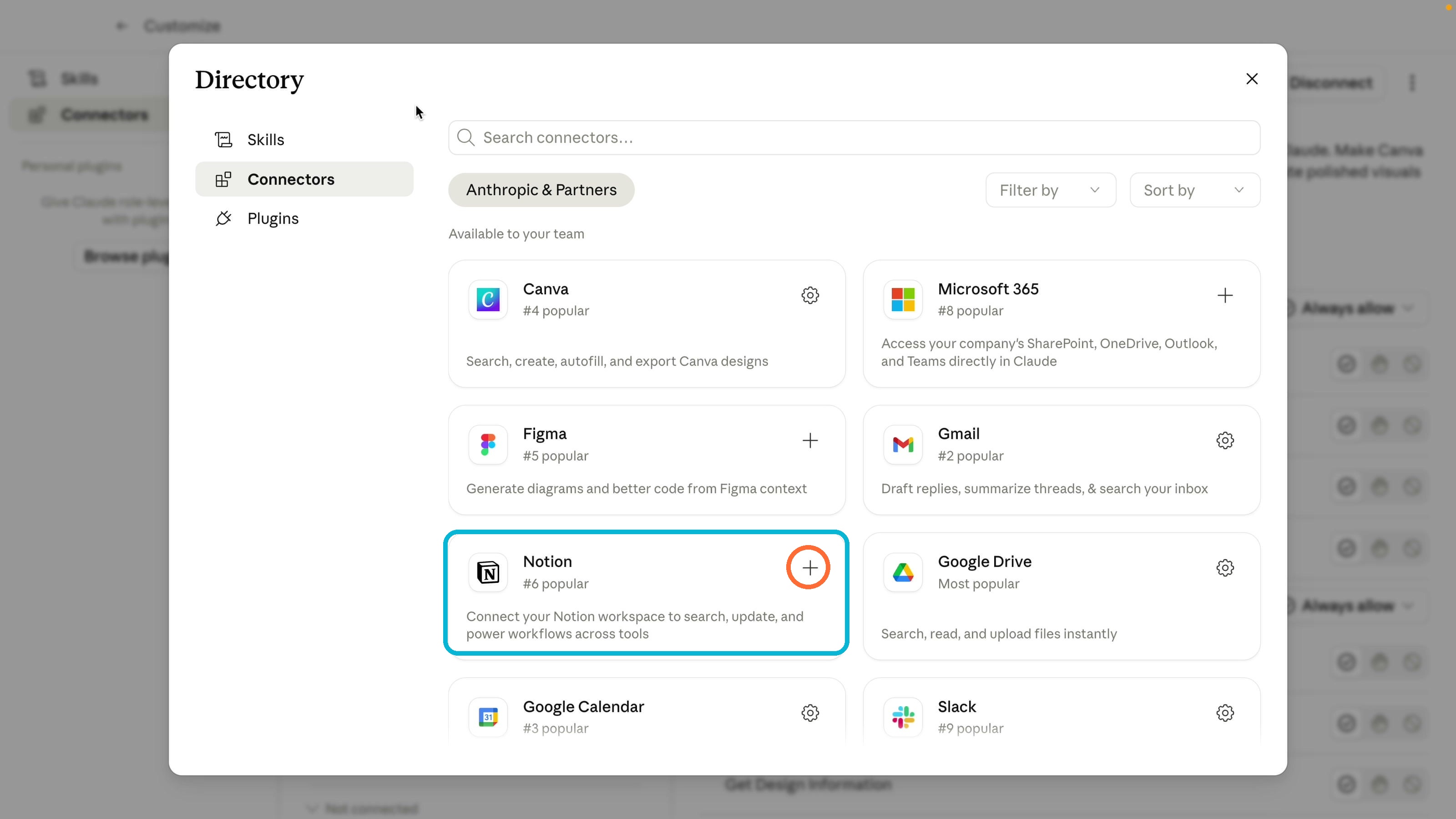 Claude Connectors directory with the Notion connector and its add button highlighted
