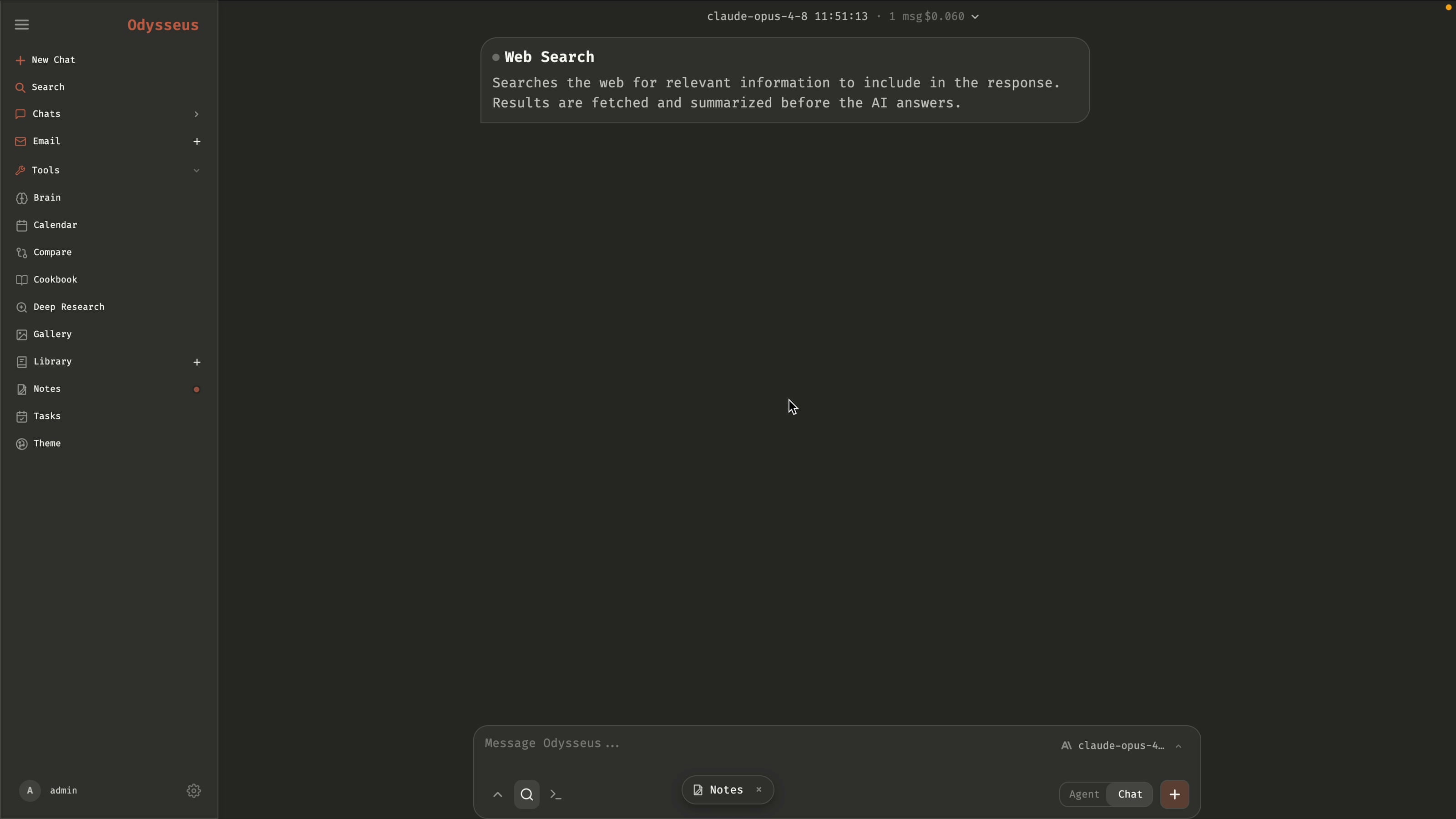 Odysseus web search mode powered by the free SearXNG engine