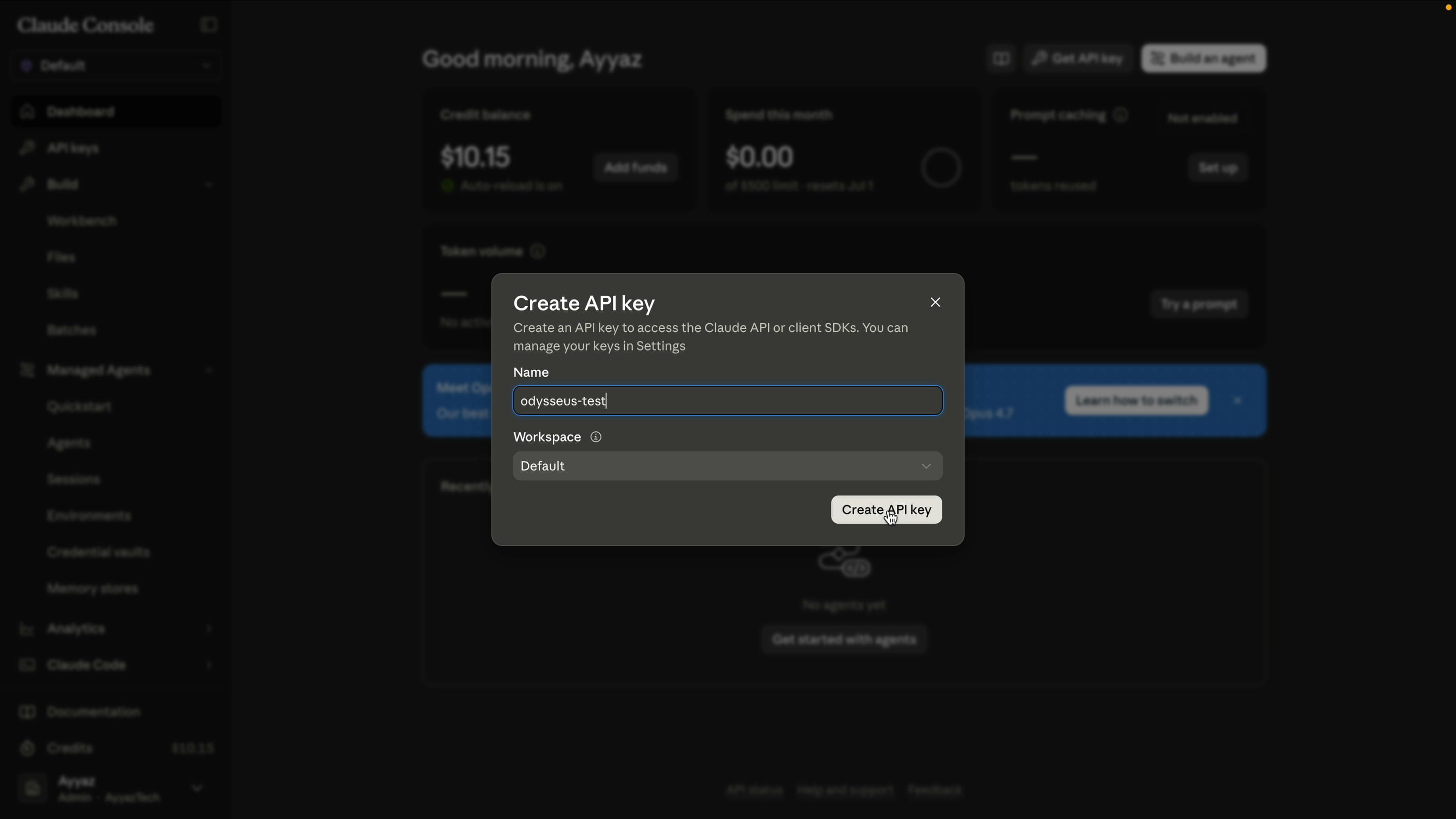 Create API key dialog in the Claude Console, naming the key odysseus-test