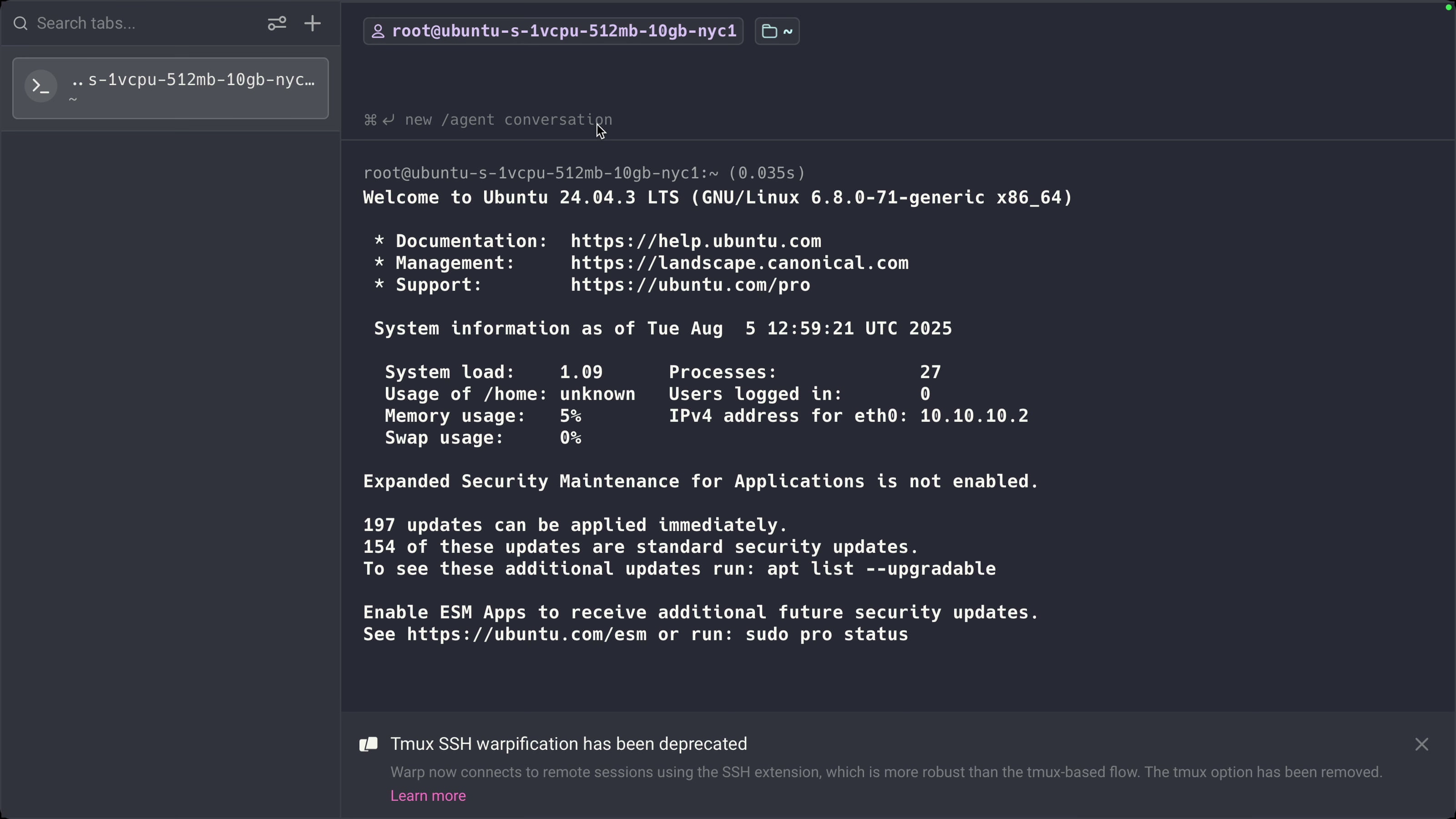 Terminal showing the Ubuntu 24.04 welcome message after SSH-ing into the DigitalOcean droplet