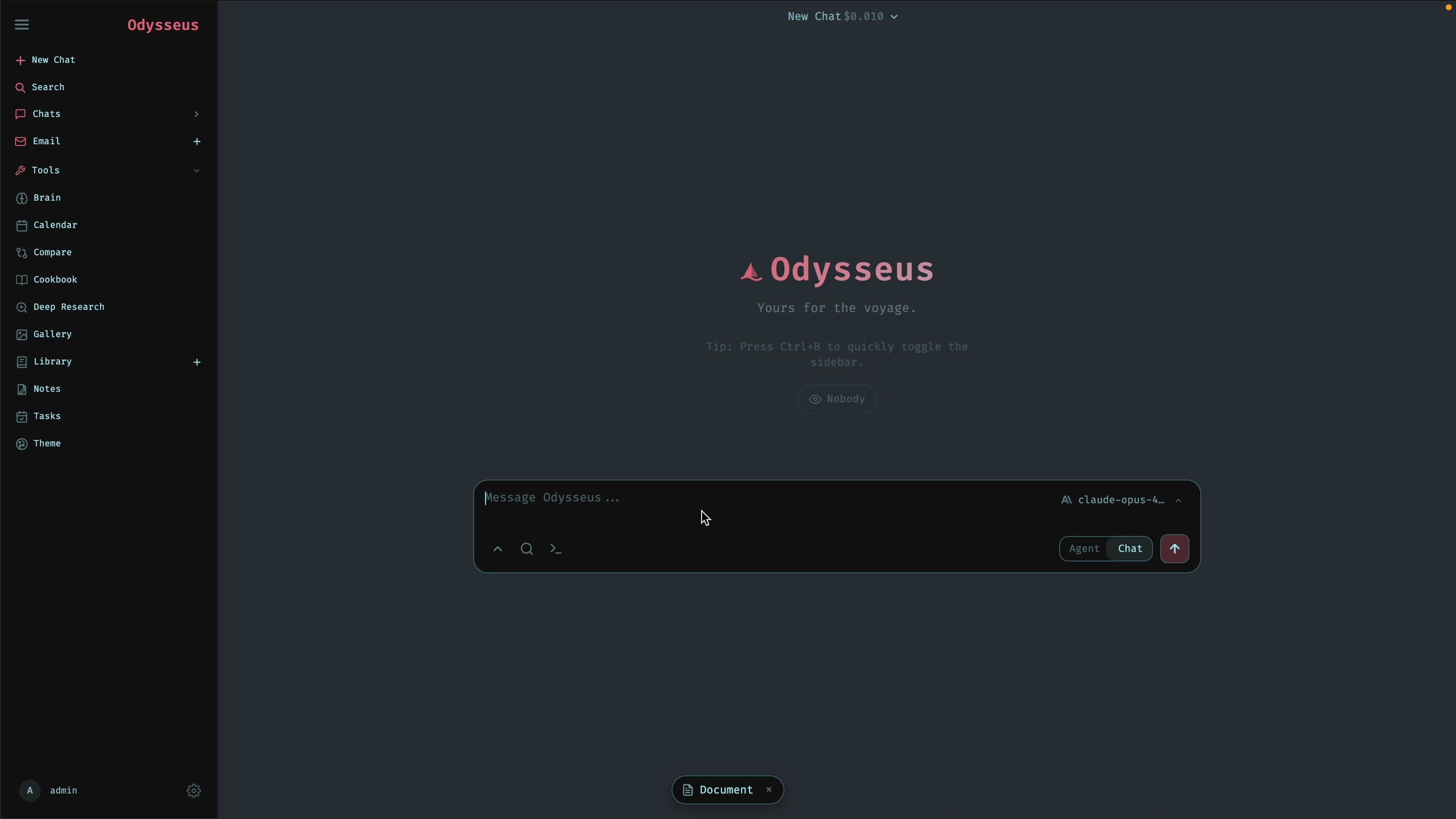 Odysseus AI chat workspace running locally, a ChatGPT-style interface