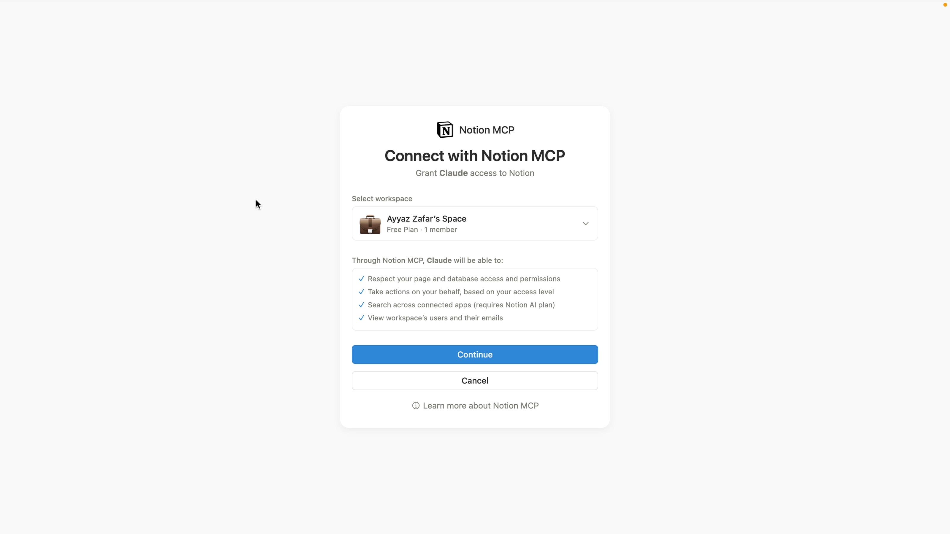 Notion authorization screen granting Claude access to the selected workspace
